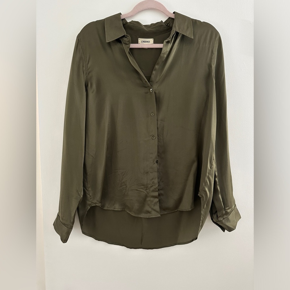 L'agence olive green silk button down